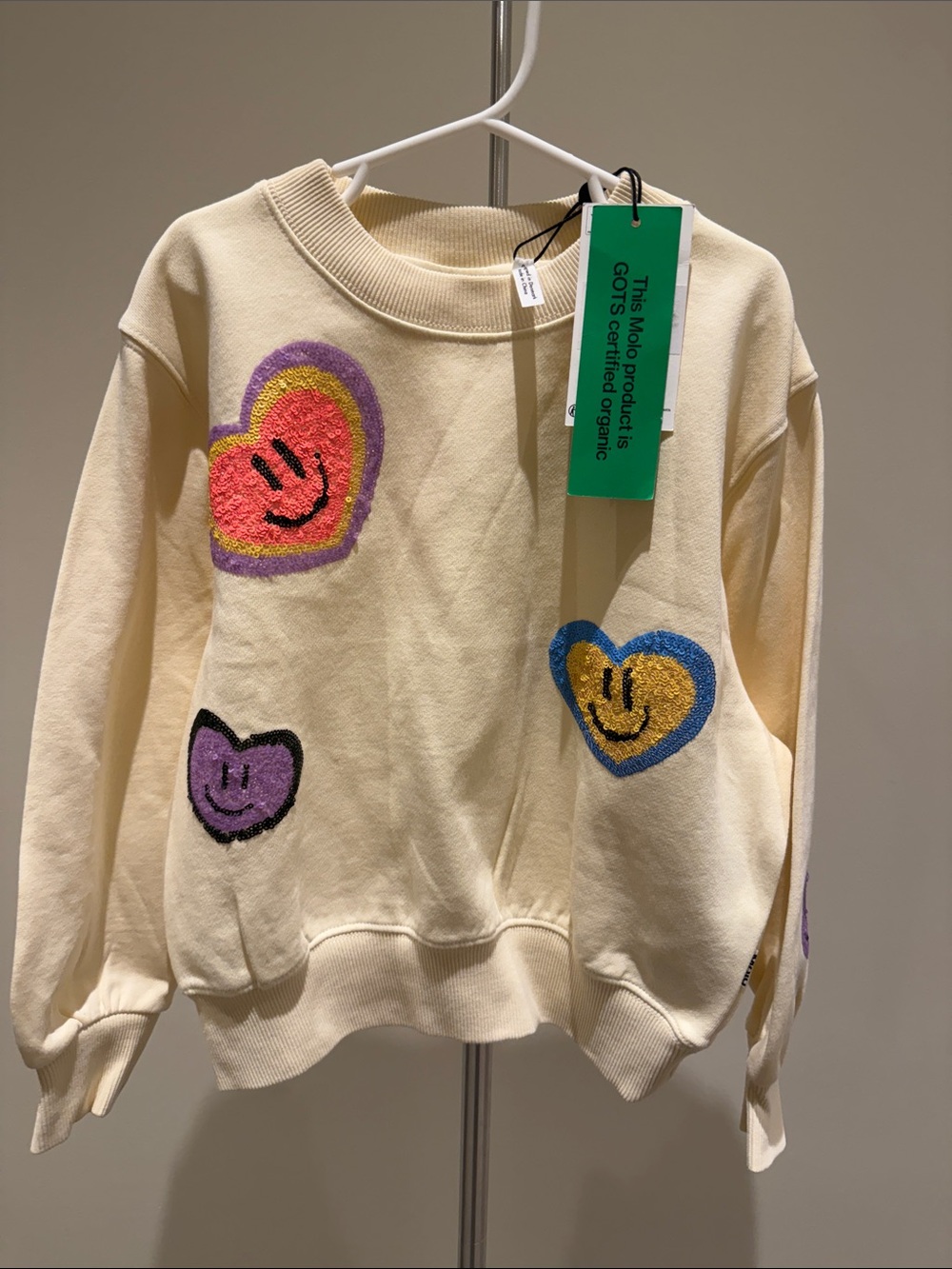 Molo Cream Sweatshirt with Multicolor Smiley Hearts